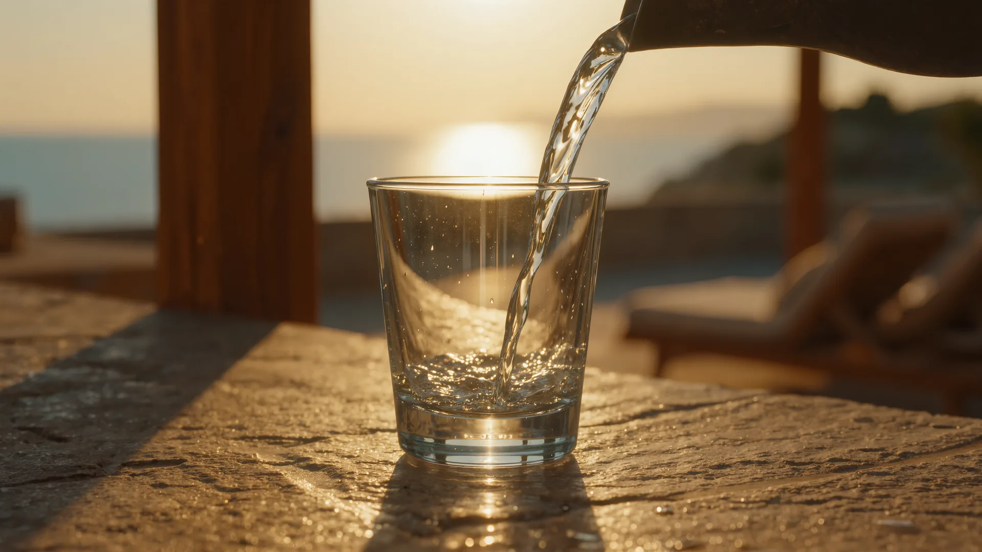 Clear water pouring into a glass on a stone surface, backlit