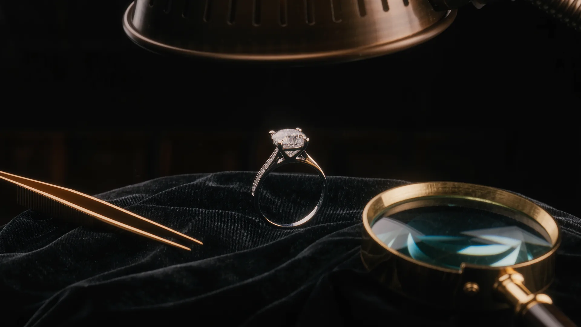 Diamond ring on black velvet under a jeweller's lamp, with loupe and tweezers