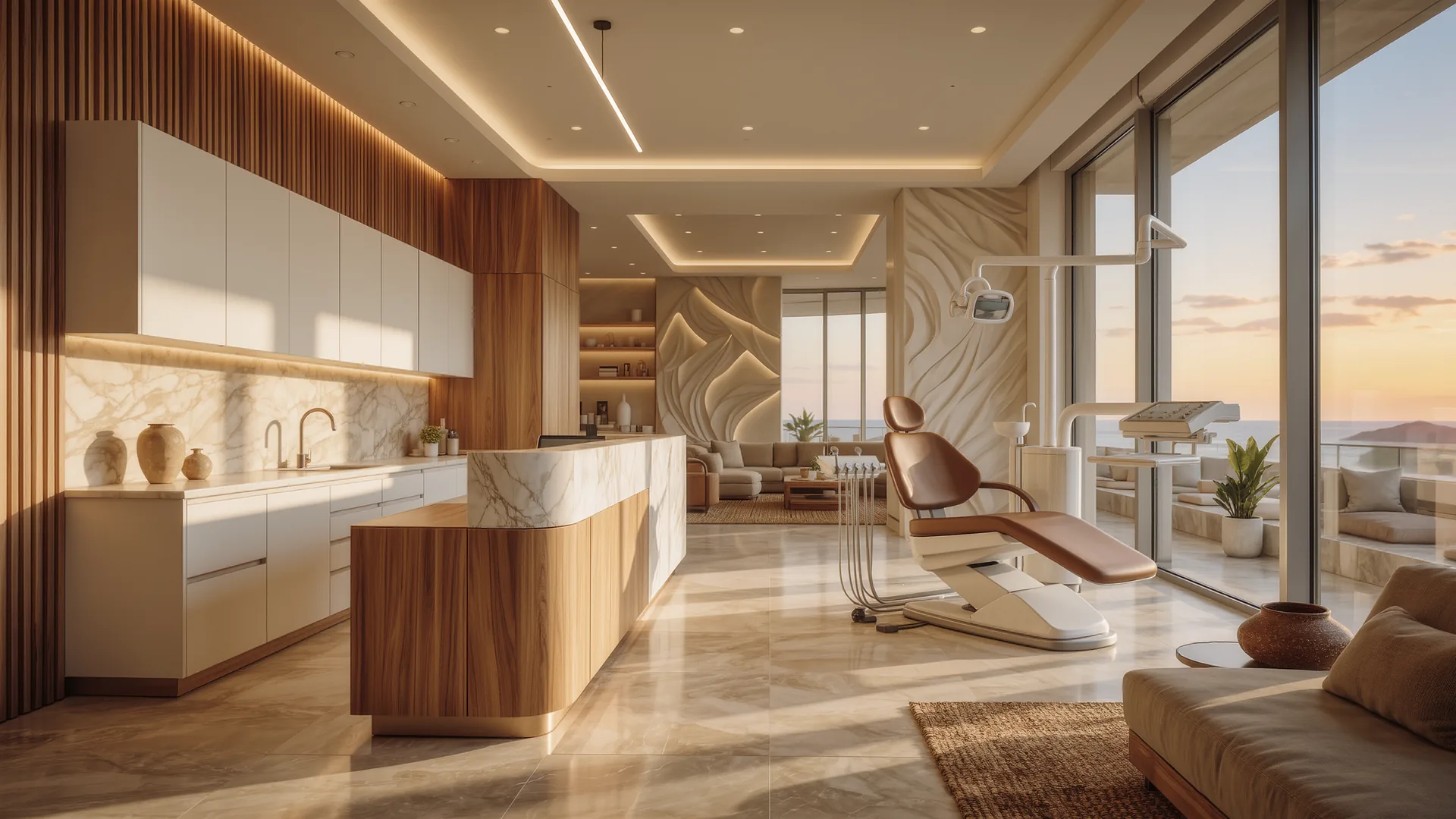 Modern dental clinic interior in white and wood with spotless surfaces