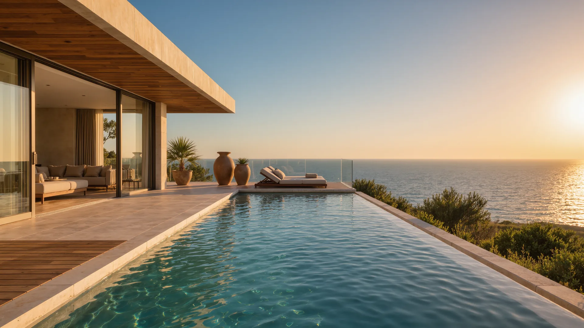 Modern villa terrace with an infinity pool above the Mediterranean at dusk