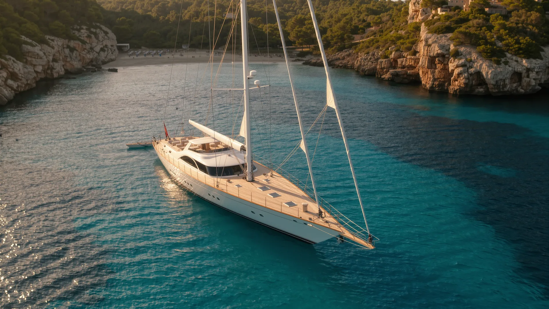 Sailing yacht anchored in a turquoise Mallorcan bay at dusk