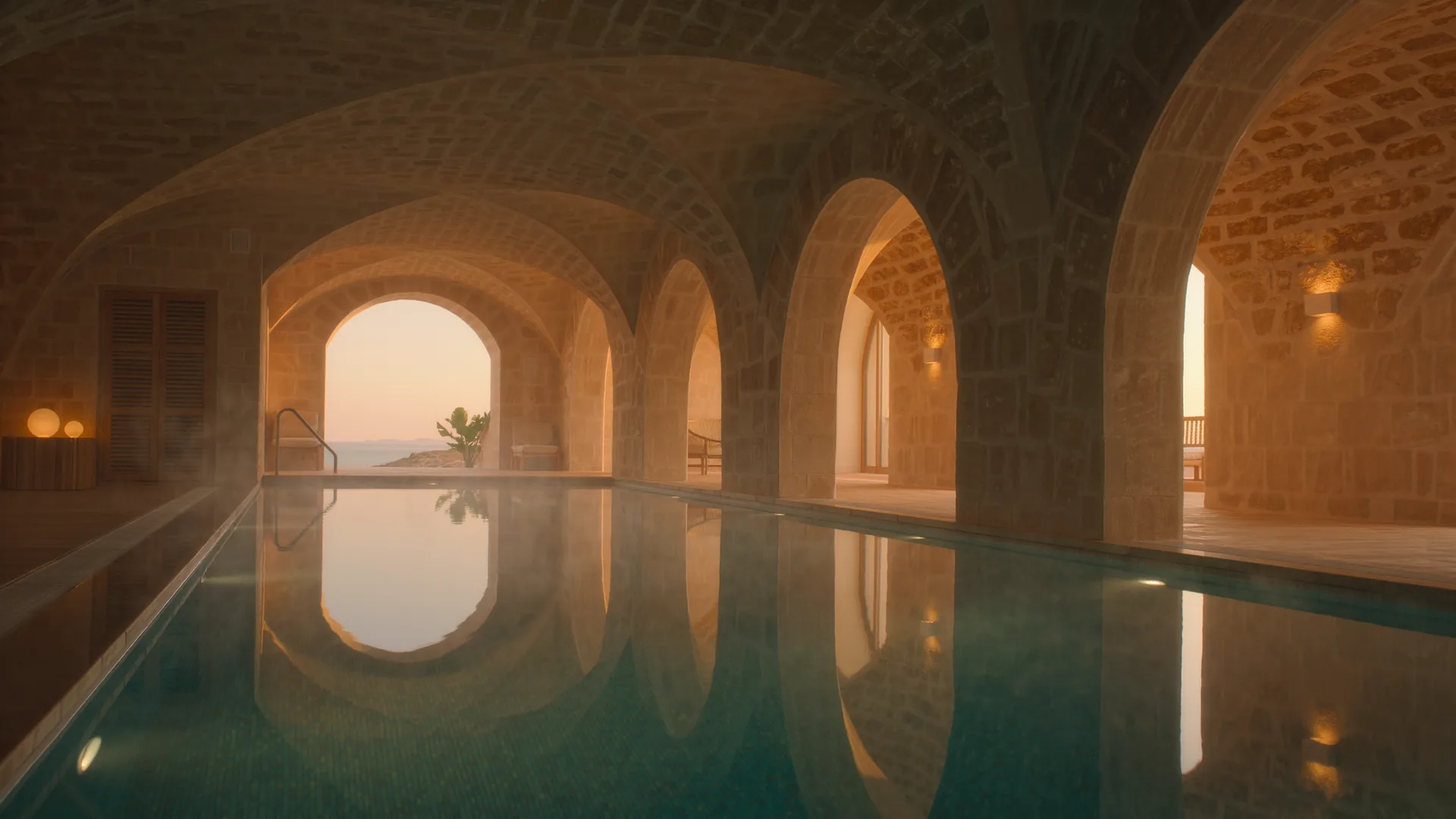 Hotel spa pool lit from below in a stone vaulted room
