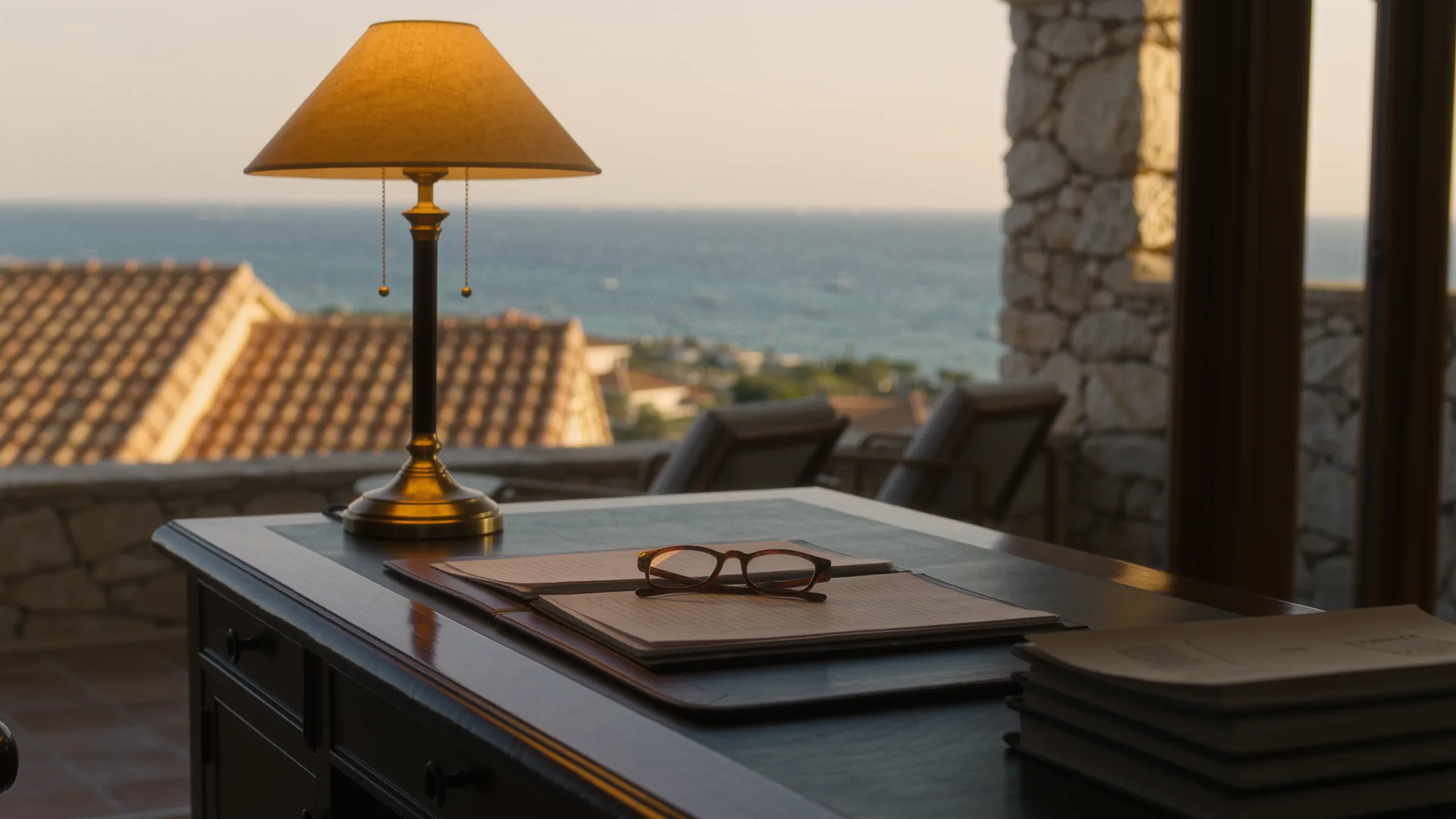 Documents and reading glasses on a dark wood desk under a warm lamp