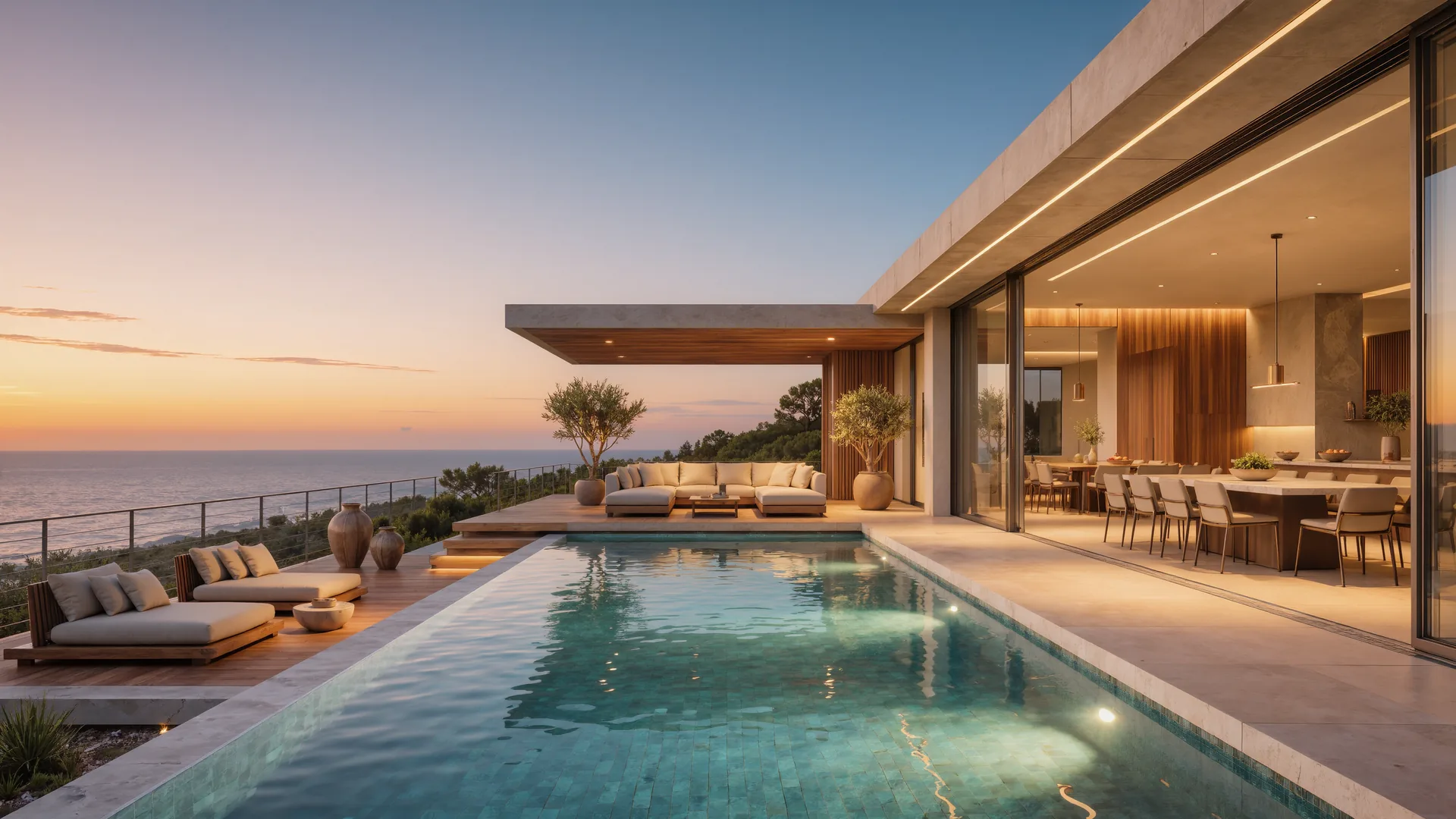 Modern villa terrace with an infinity pool above the Mediterranean at dusk