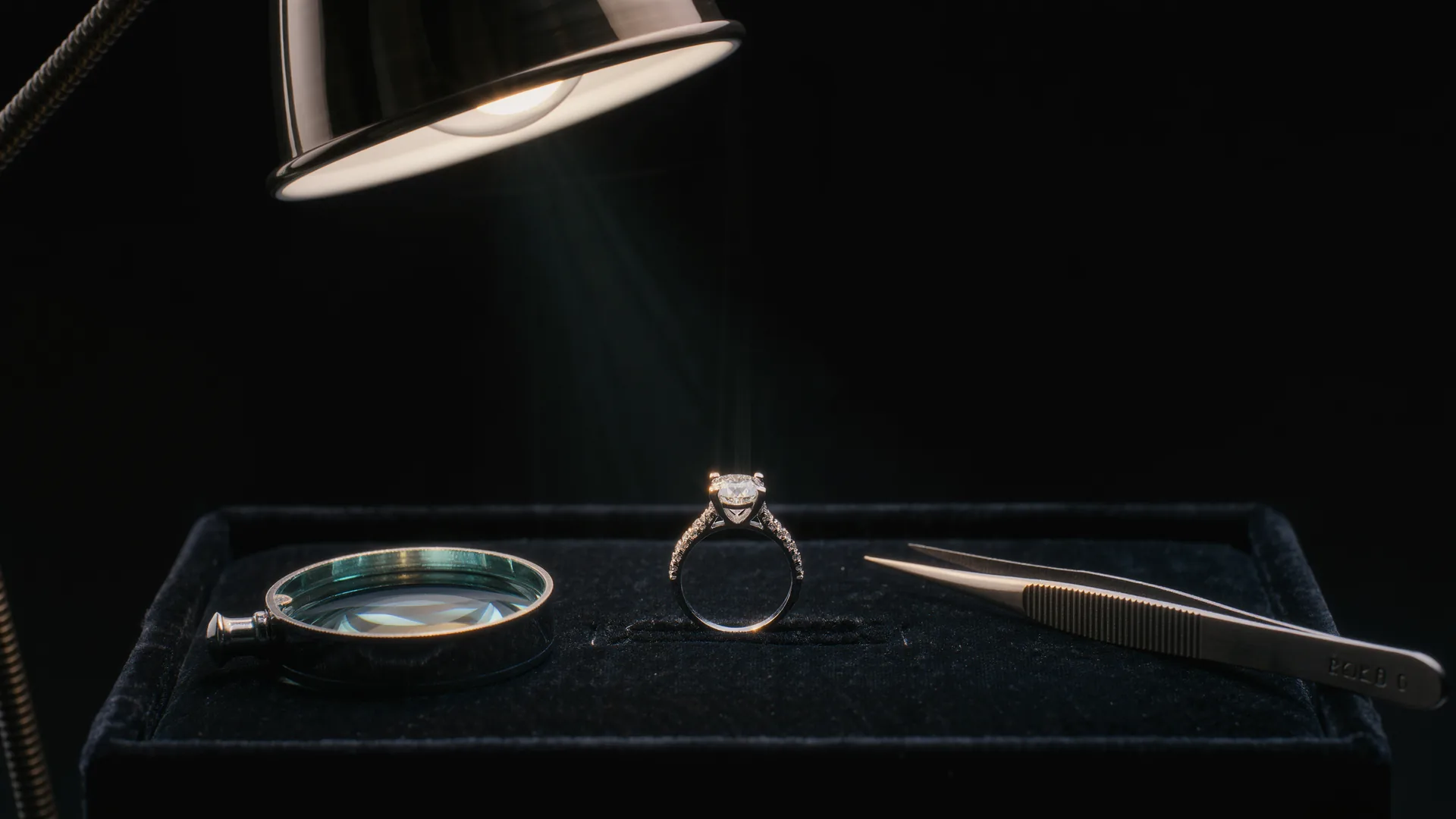 Diamond ring on black velvet under a jeweller's lamp, with loupe and tweezers