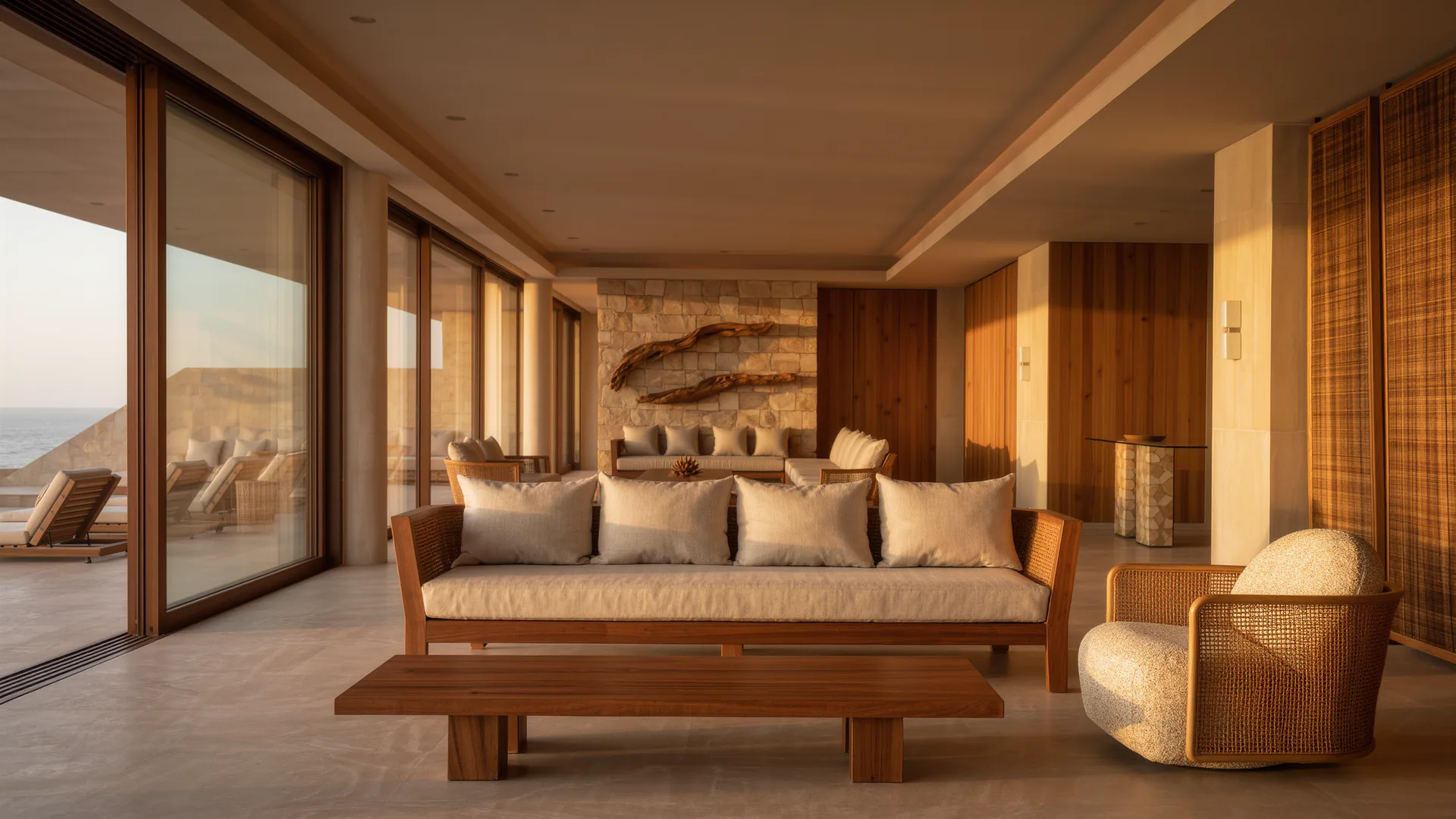 Showroom of designer furniture in natural tones with a high ceiling