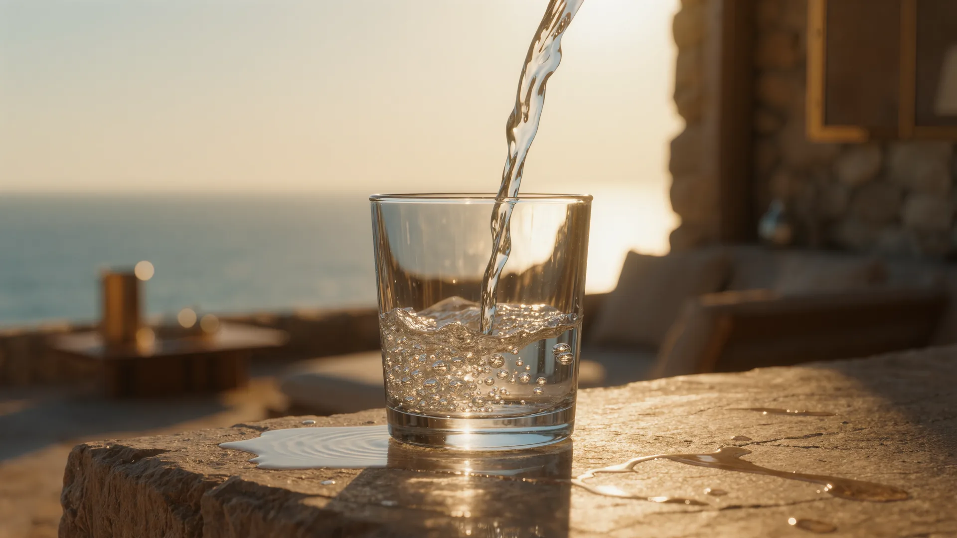 Clear water pouring into a glass on a stone surface, backlit
