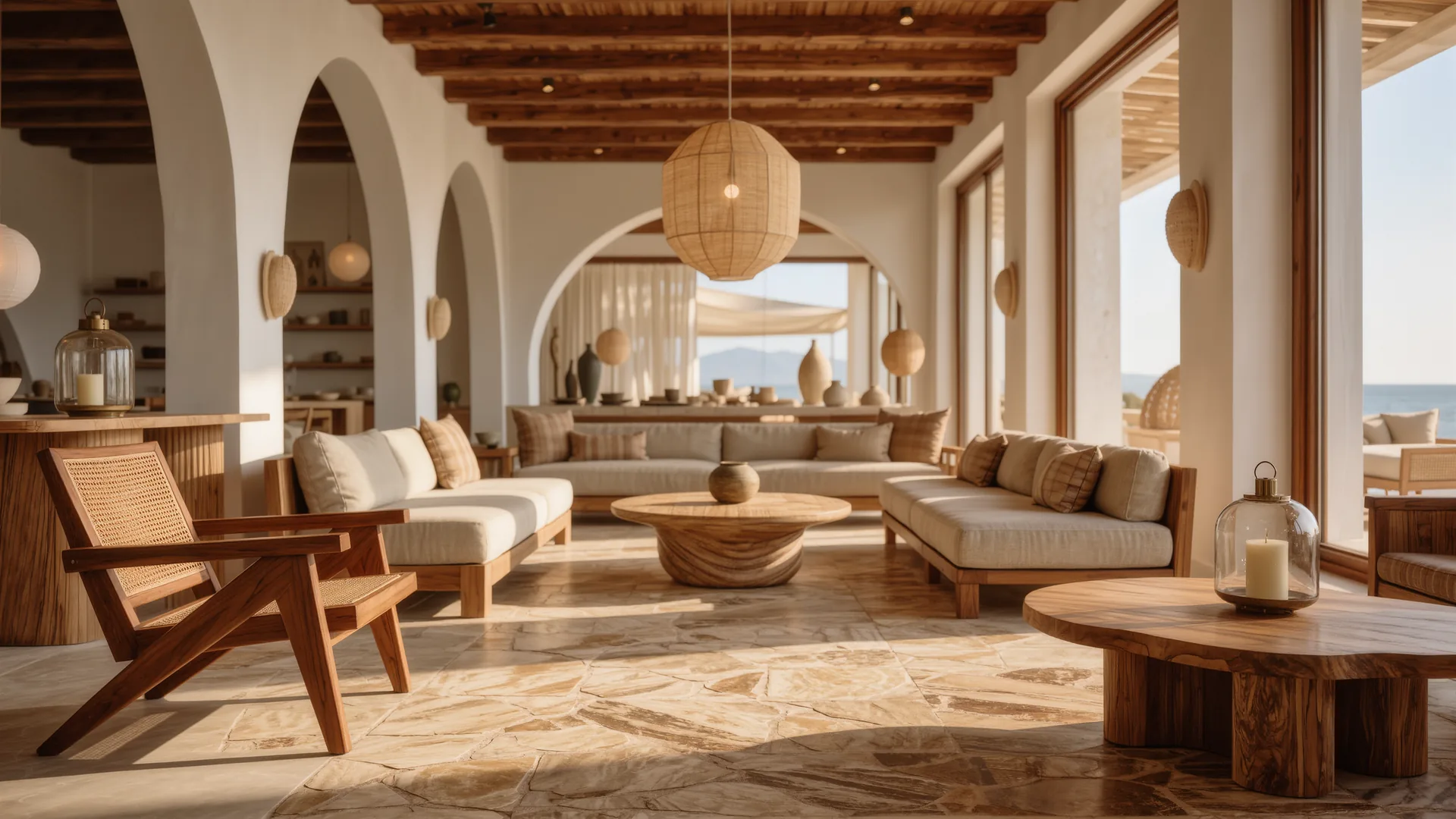 Showroom of designer furniture in natural tones with a high ceiling