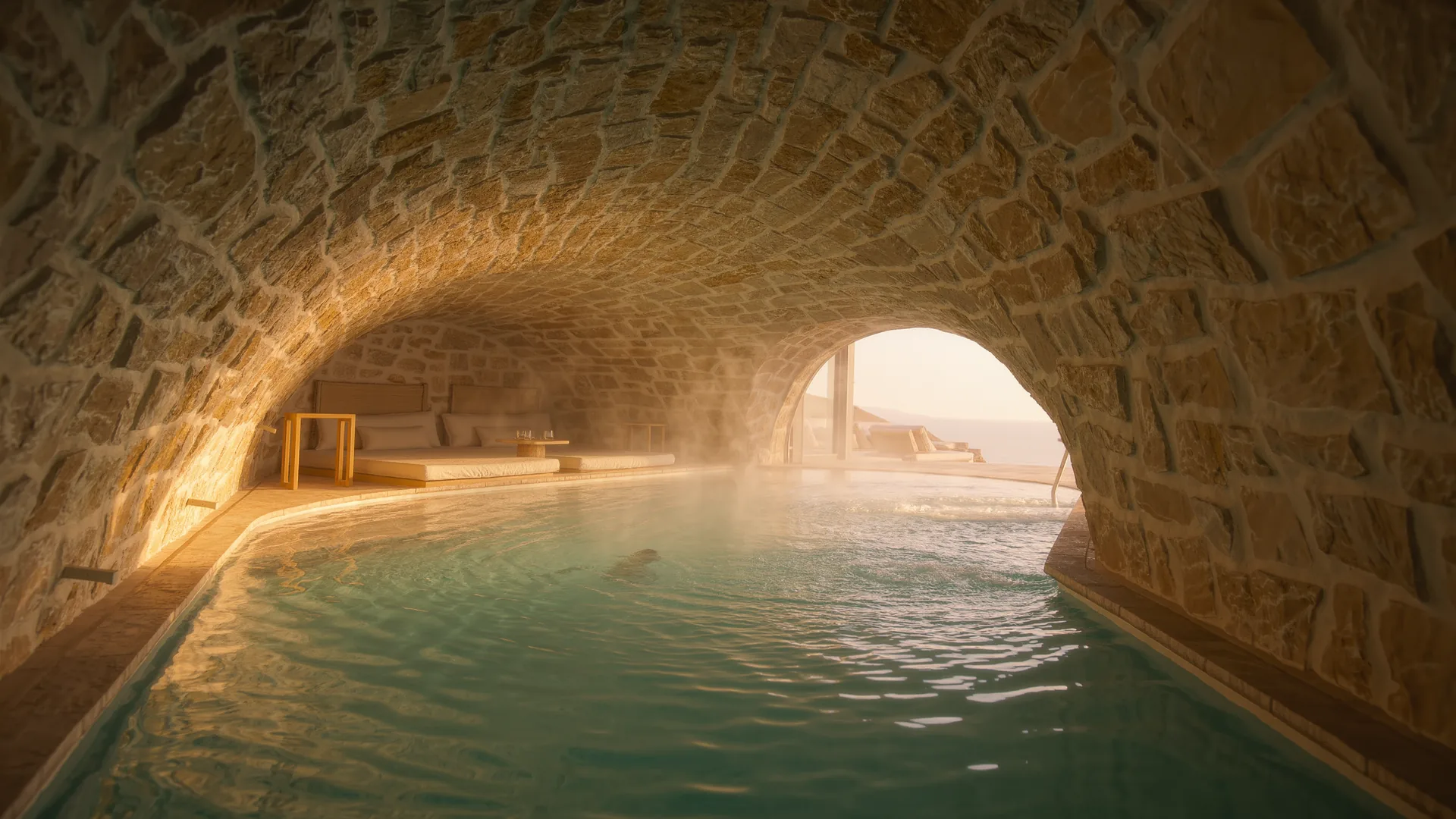 Hotel spa pool lit from below in a stone vaulted room