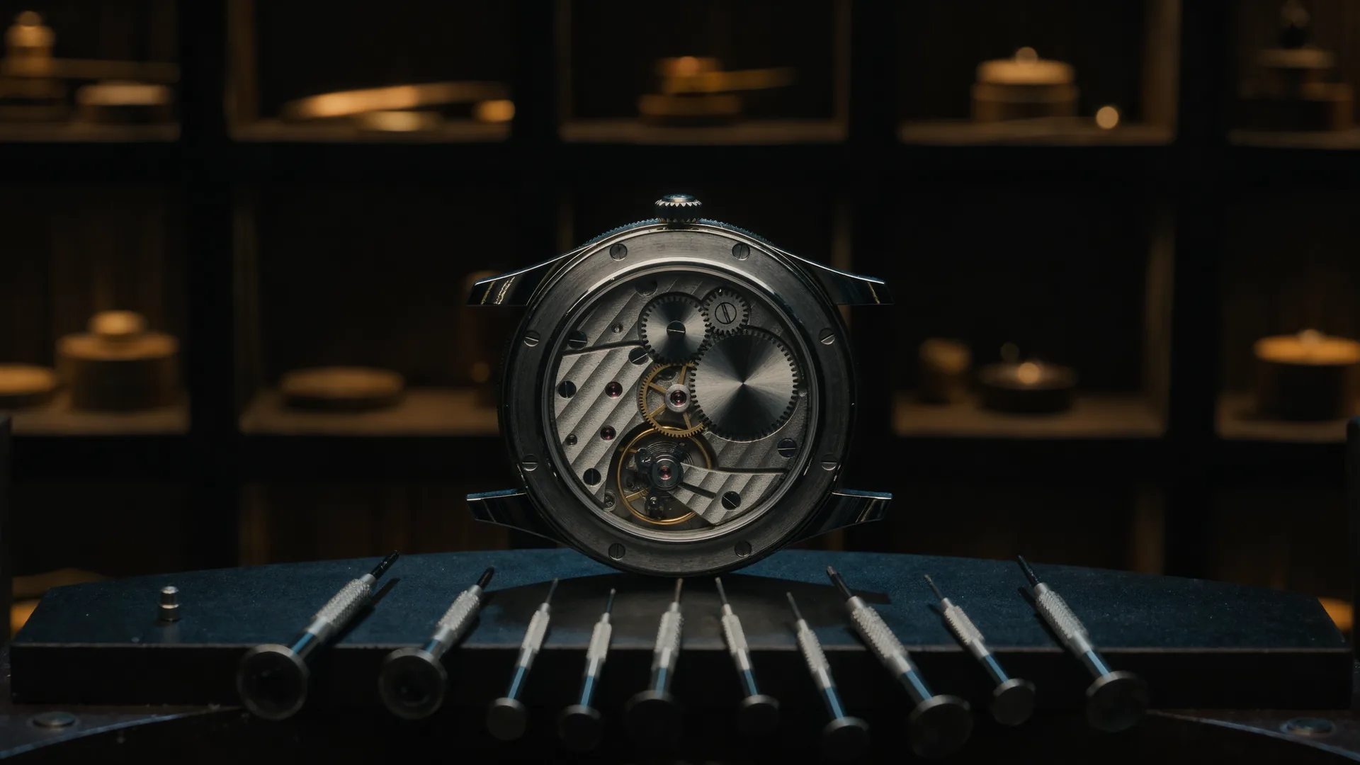 Mechanical watch movement open on a watchmaker's bench with fine screwdrivers