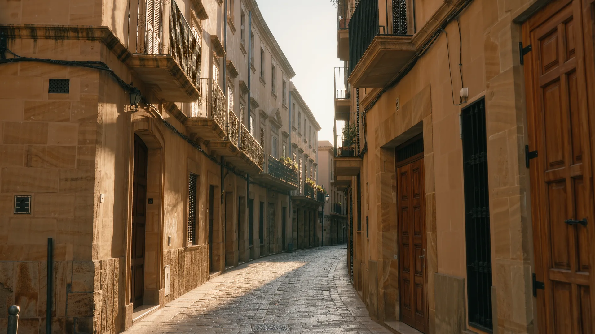 Old town street in Palma with sandstone facades and wrought iron balconies