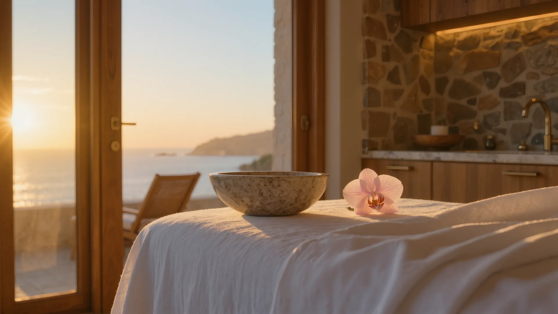 Serene treatment room with white linen, a stone bowl and a single orchid