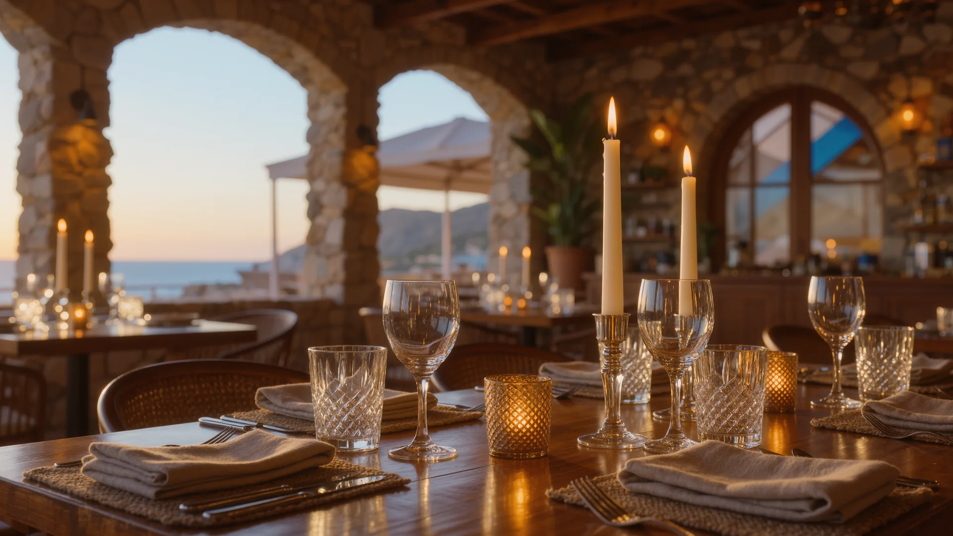 Elegant laid table with linen, crystal glasses and candlelight
