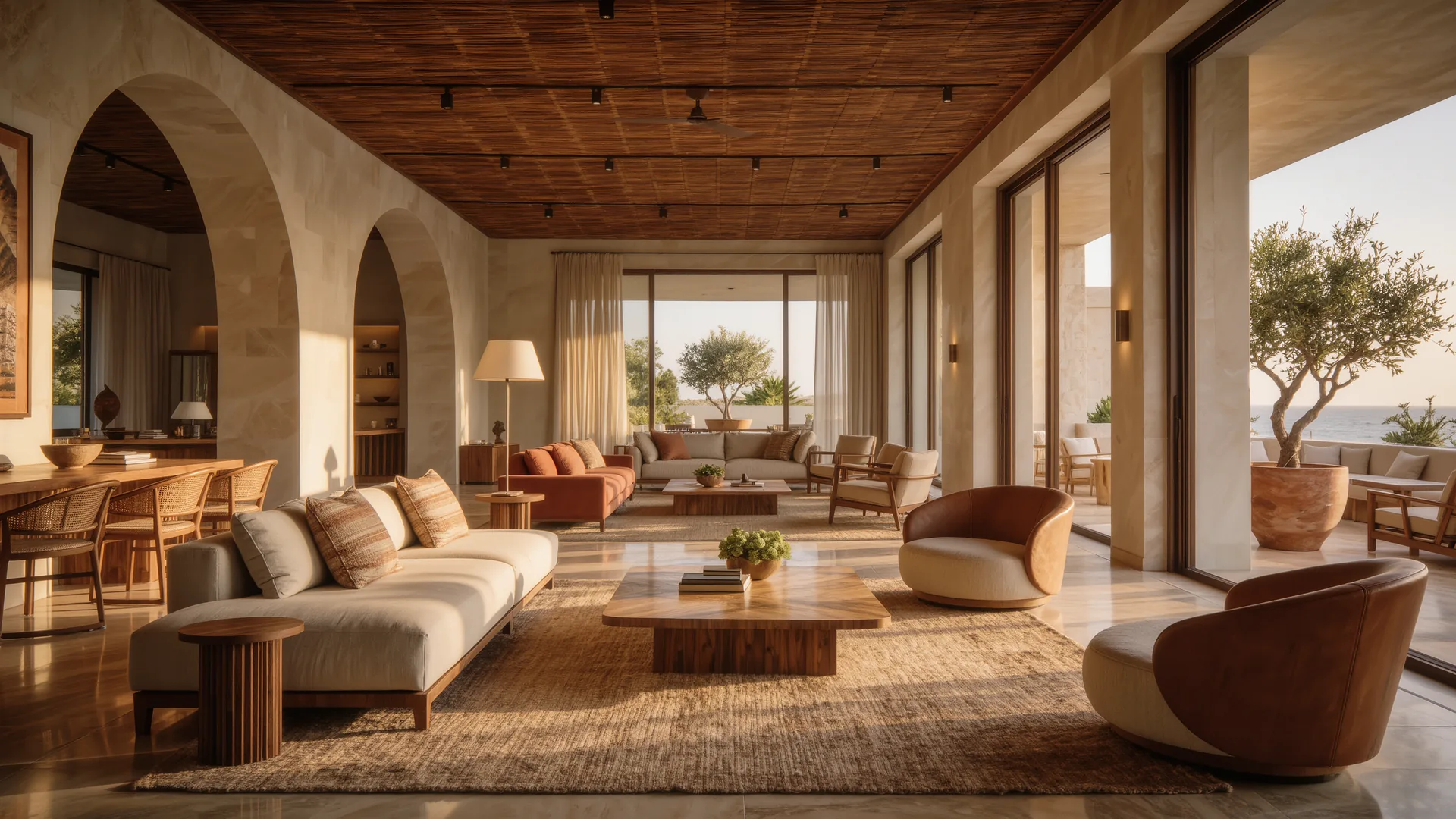 Showroom of designer furniture in natural tones with a high ceiling