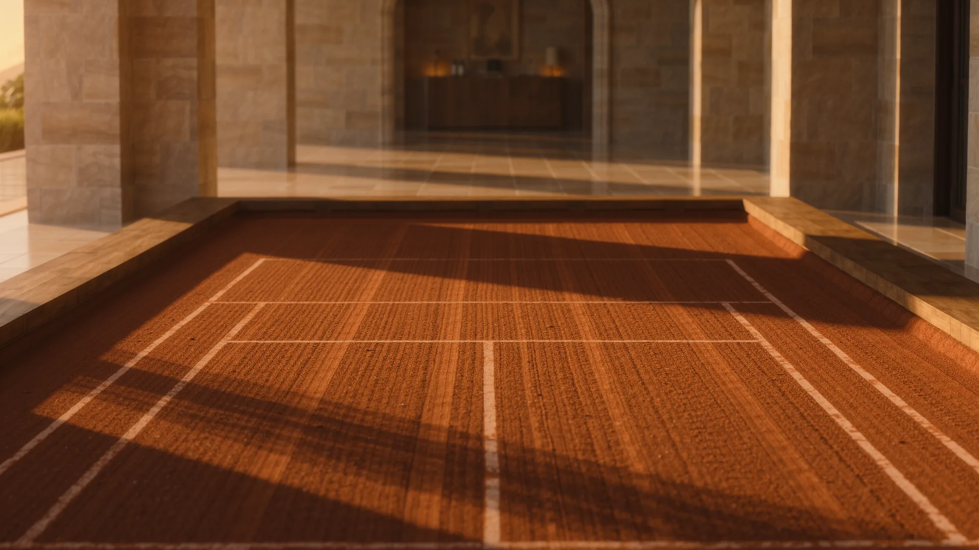 Clay tennis court freshly brushed, with long shadows