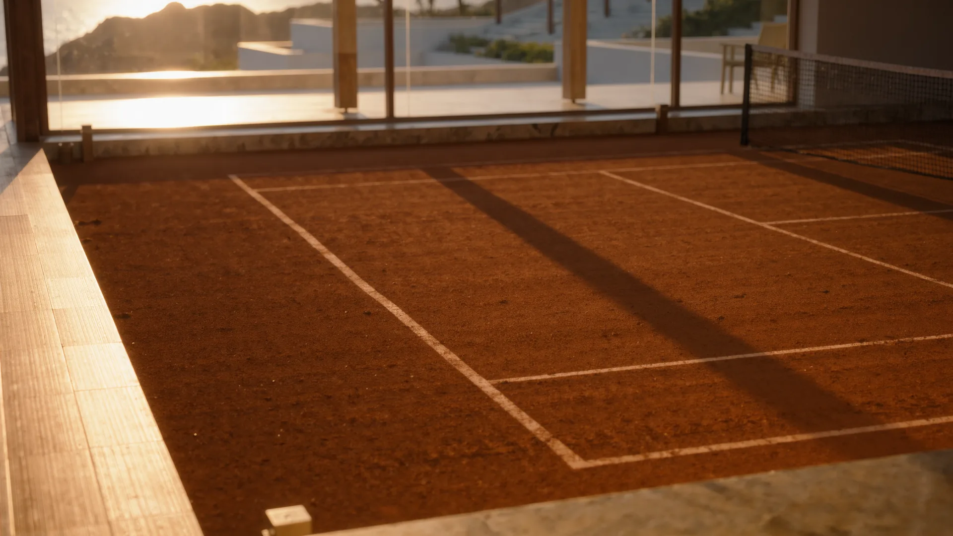 Clay tennis court freshly brushed, with long shadows