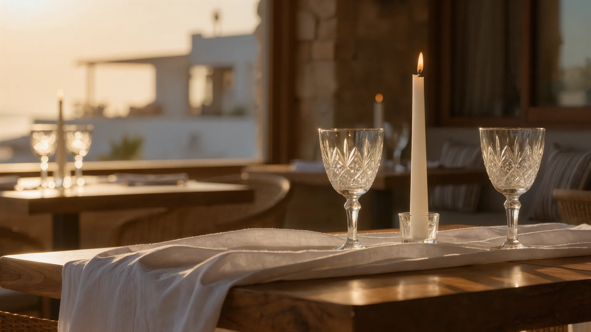 Elegant laid table with linen, crystal glasses and candlelight