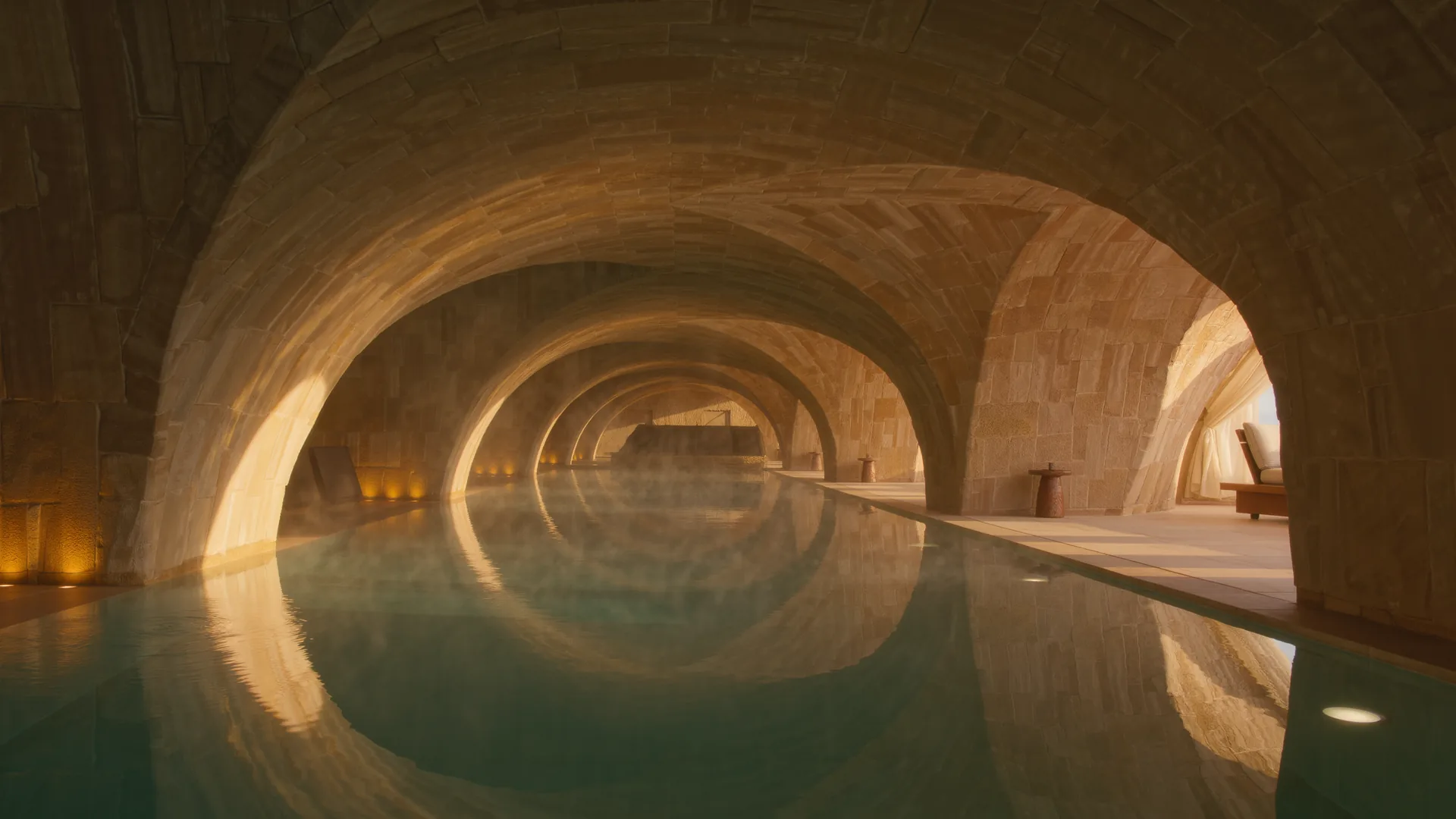 Hotel spa pool lit from below in a stone vaulted room