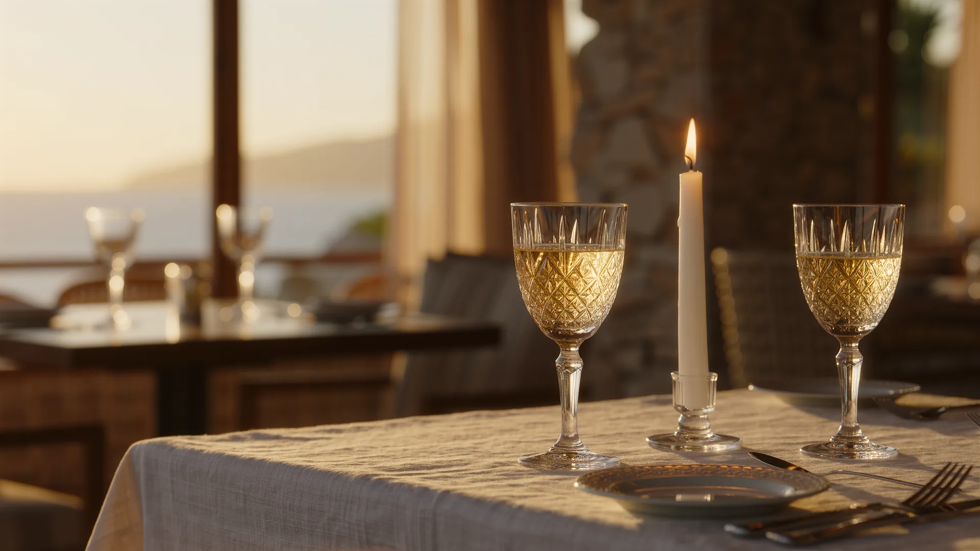 Elegant laid table with linen, crystal glasses and candlelight