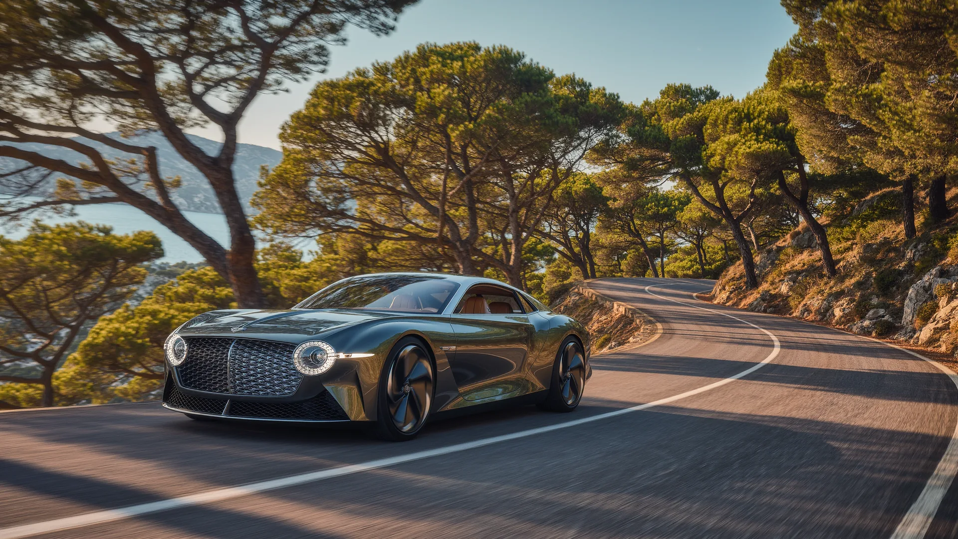 Car on a winding mountain road through pine trees