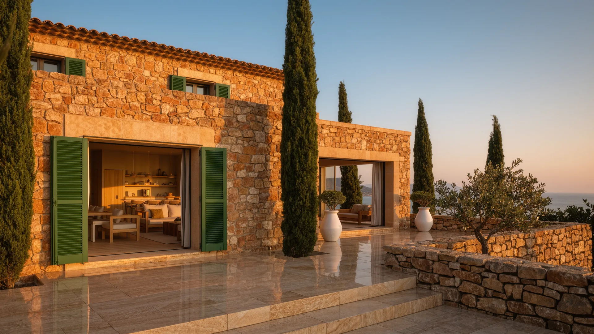 Mallorcan finca of honey coloured stone with green shutters and cypresses at golden hour