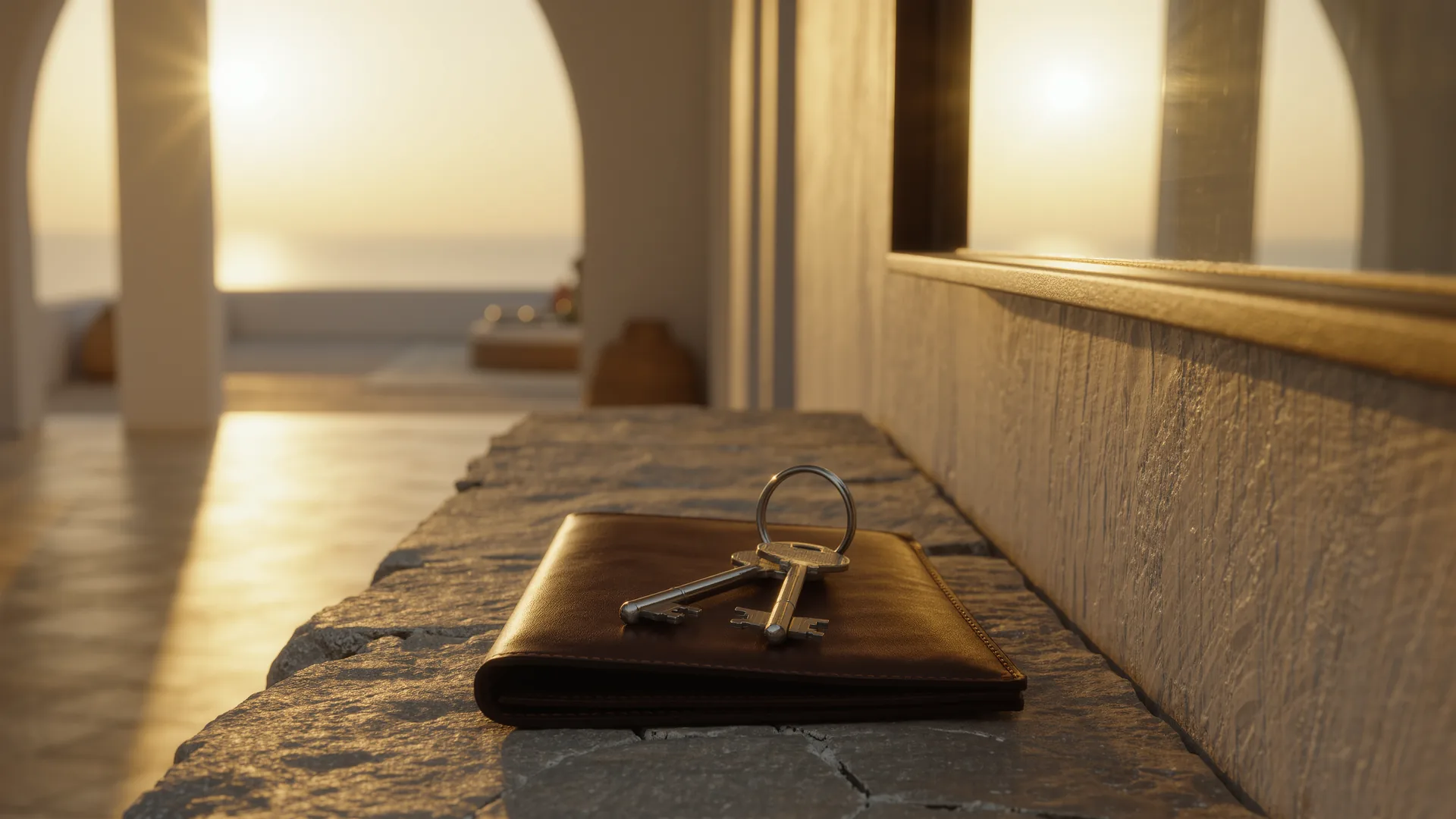 Set of keys and a leather folder on a stone console in a bright hallway