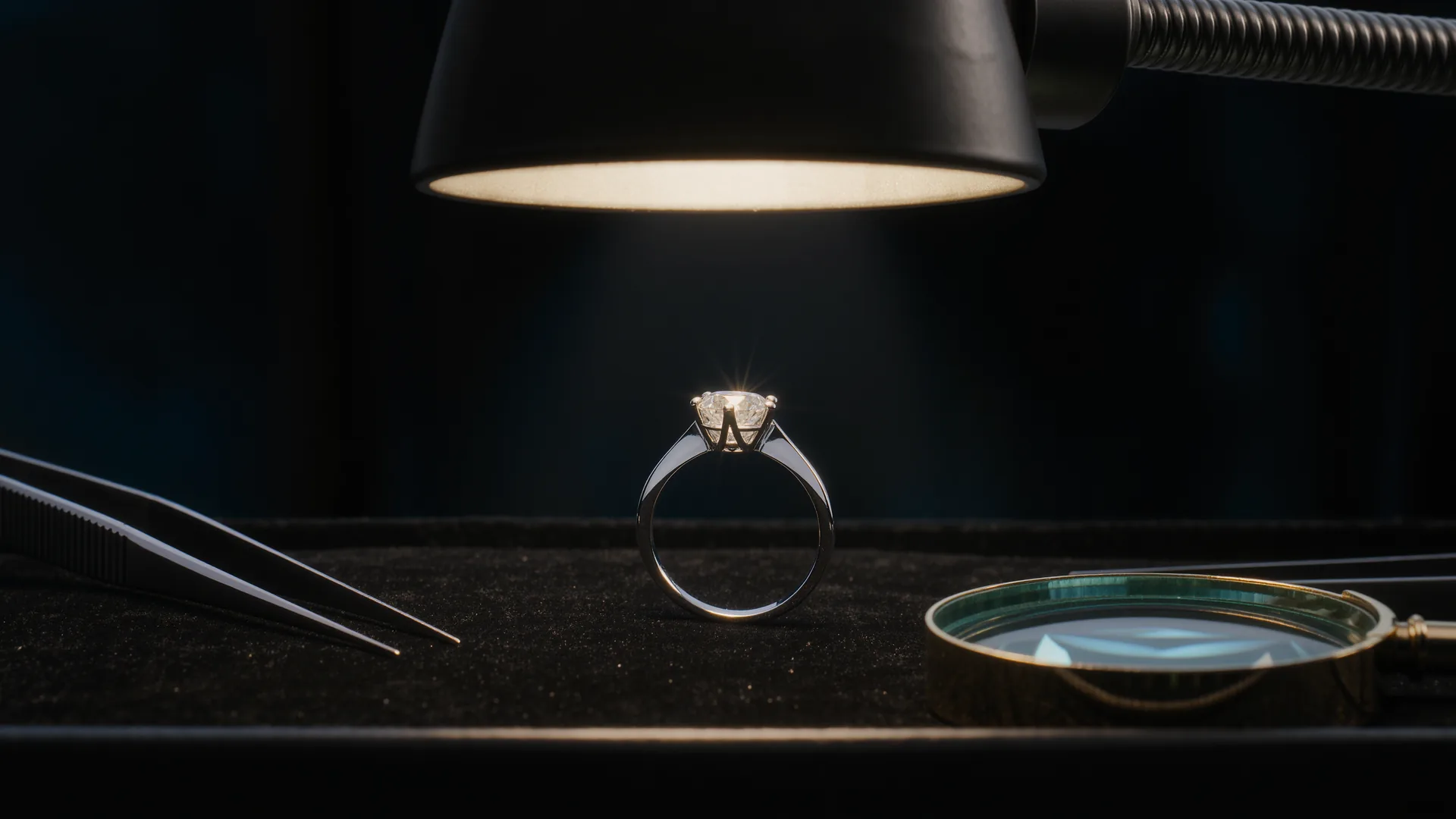 Diamond ring on black velvet under a jeweller's lamp, with loupe and tweezers