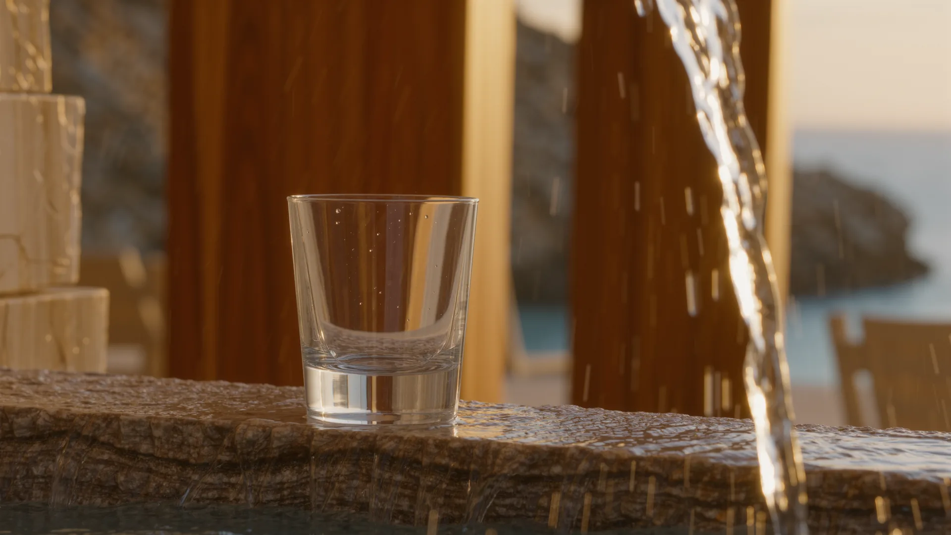 Clear water pouring into a glass on a stone surface, backlit