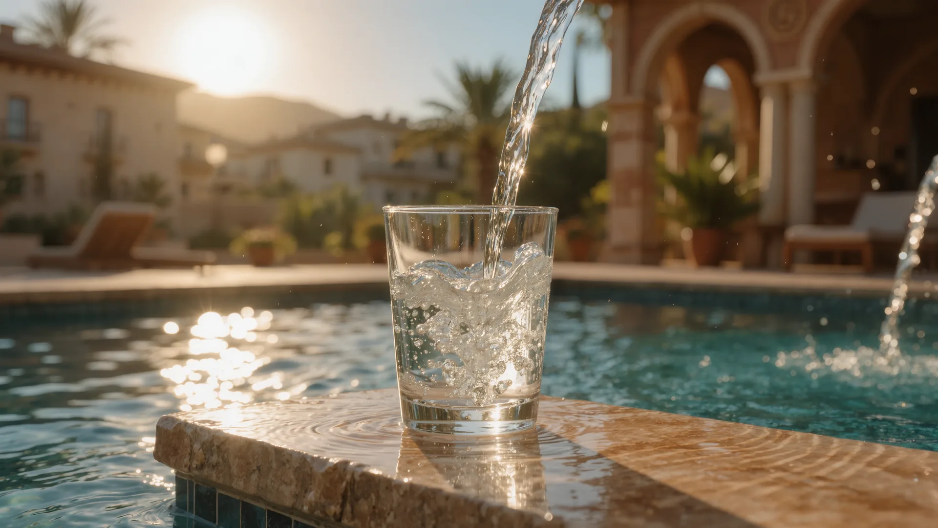 Clear water pouring into a glass on a stone surface, backlit