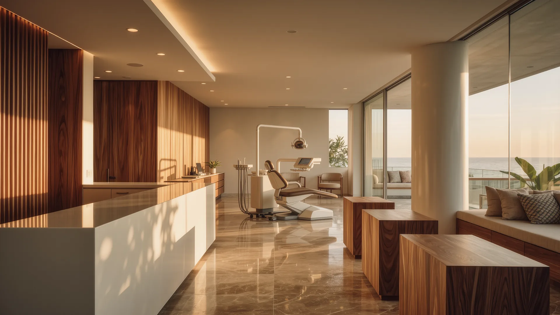 Clinic reception with an orchid and a glass wall in a calm bright tone