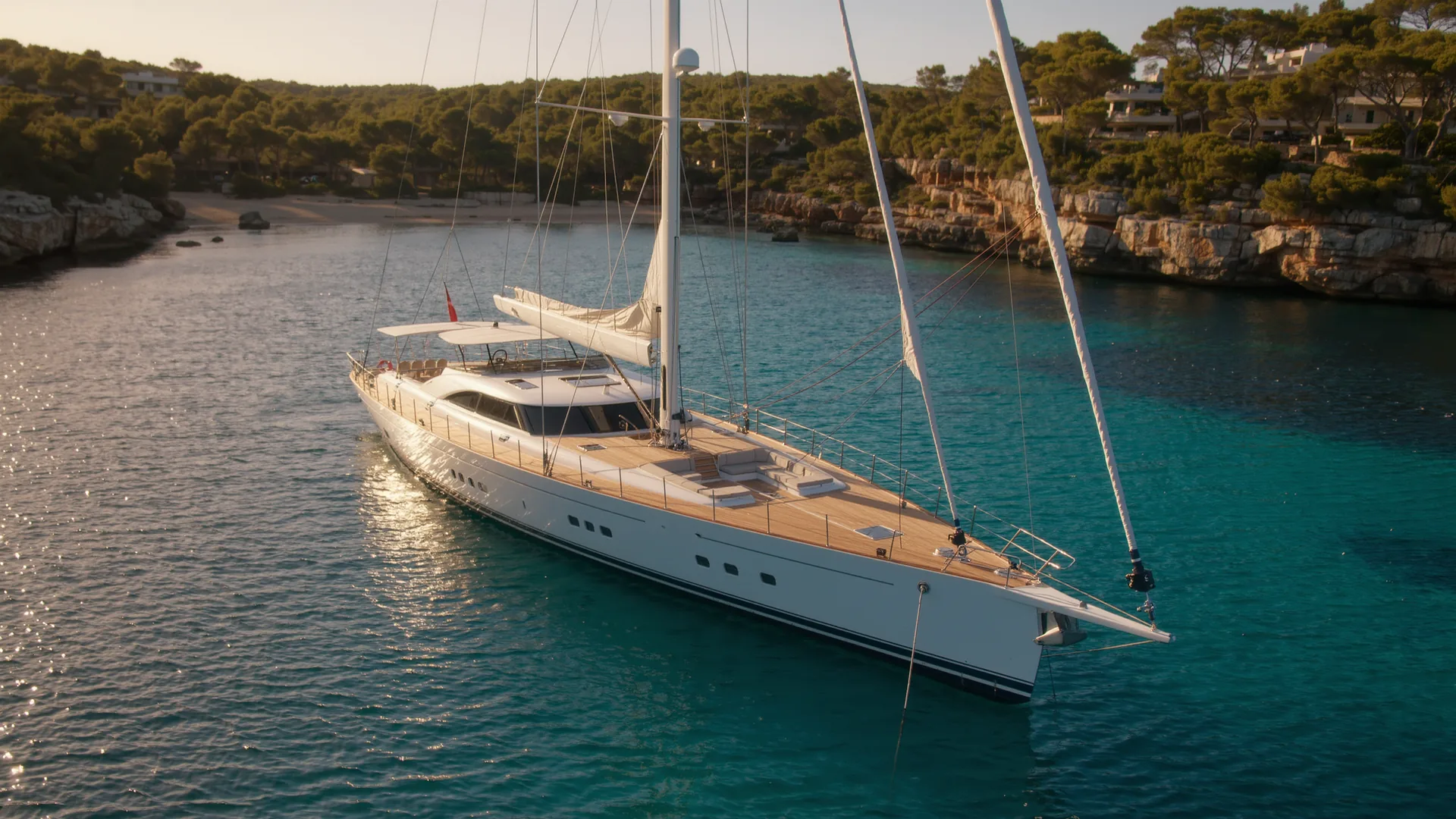Sailing yacht anchored in a turquoise Mallorcan bay at dusk